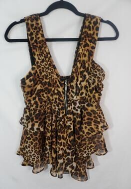 Le Monde Leopard Print Tiered Ruffle Peplum Top Size Small Y2K